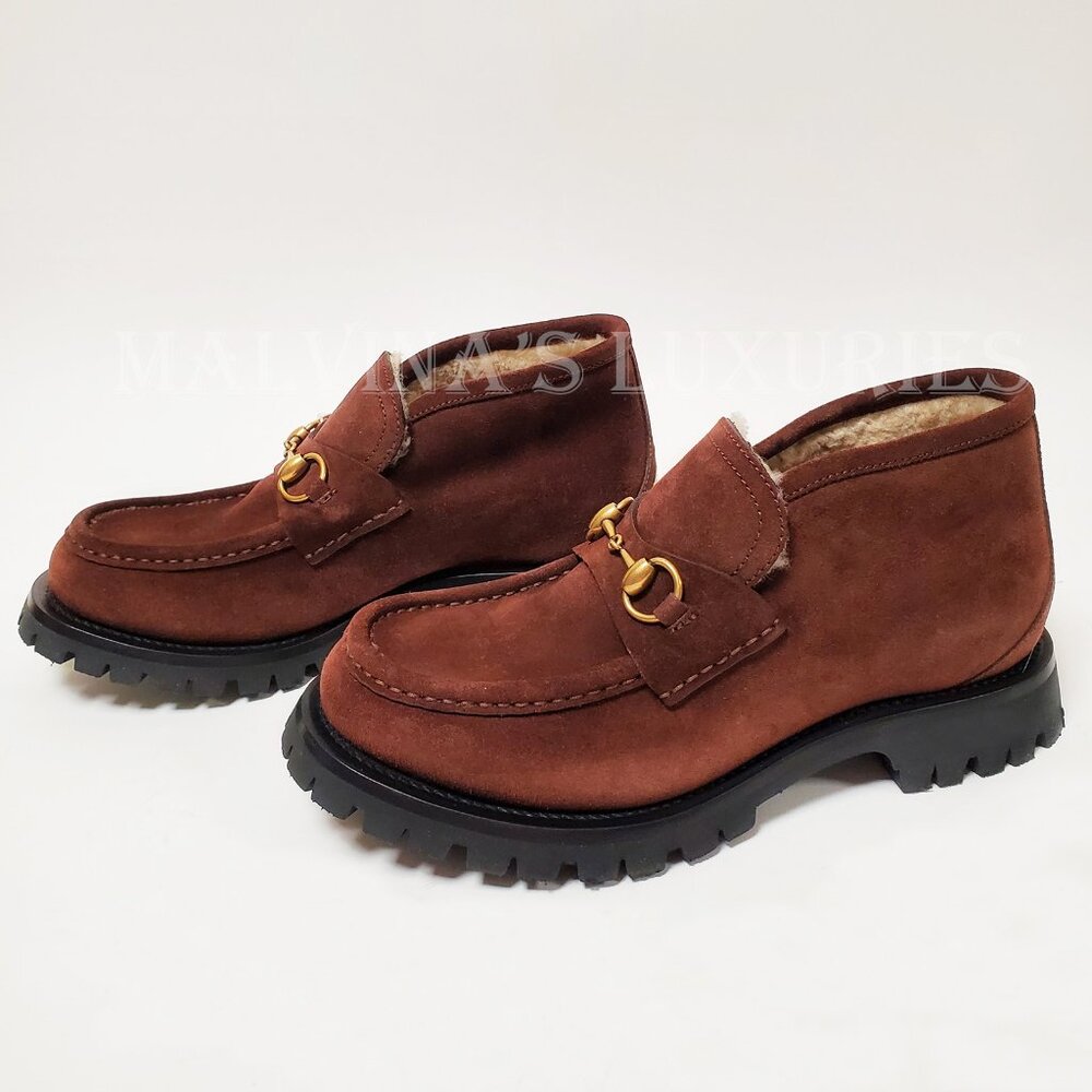 GUCCI BOOTS MENS SHEARLING LINED SUEDE HORSEBIT LOAFER SHOES BEE - Picture 4 of 16